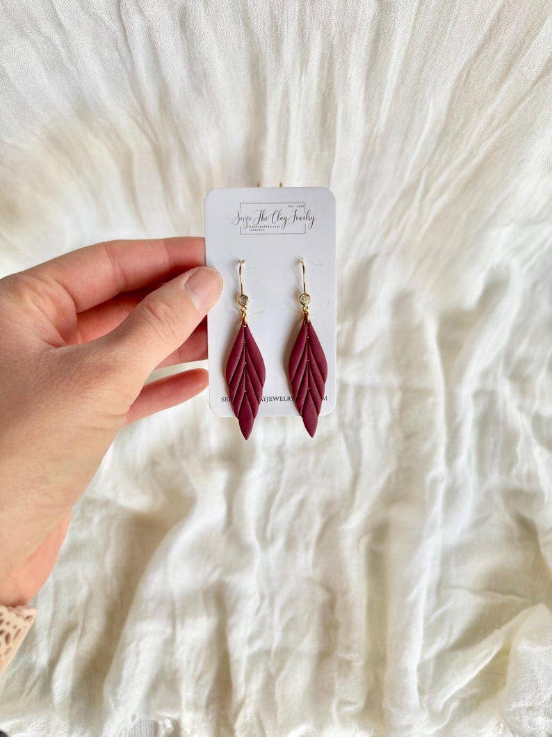 Long Floral Earrings, Leaf Clay Earrings, Floral Earrings