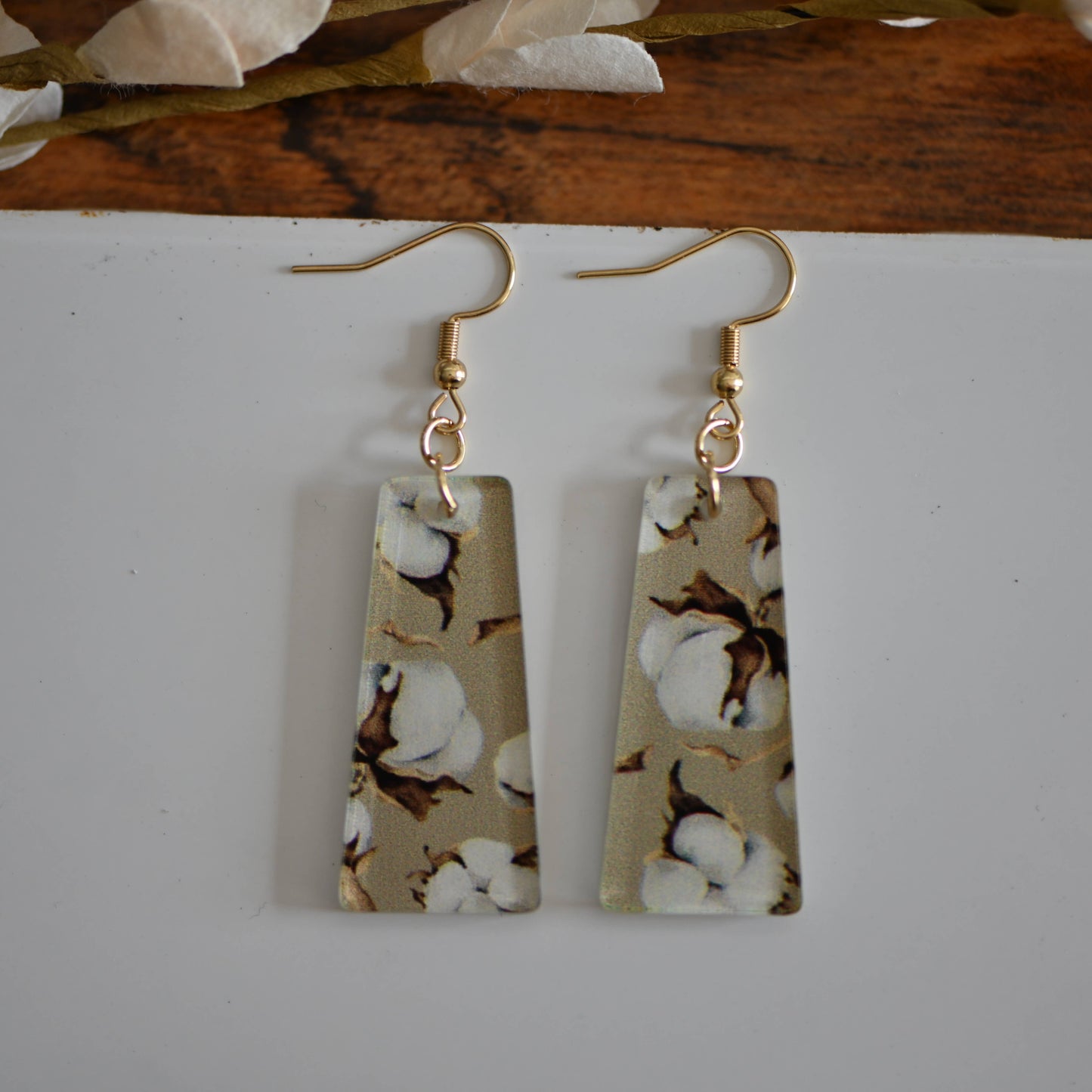 Acrylic cotton flowers earrings, surgical steel hooks