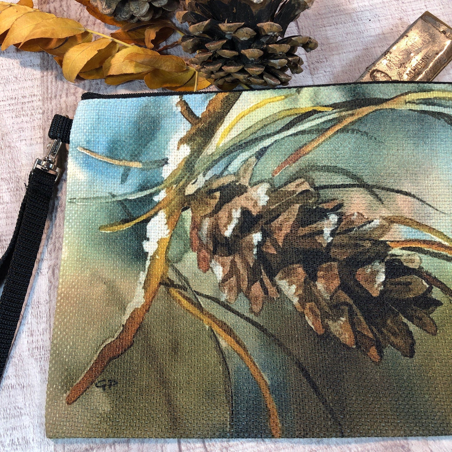 Pinecone Branch - 9" x 6" Wristlet Bag