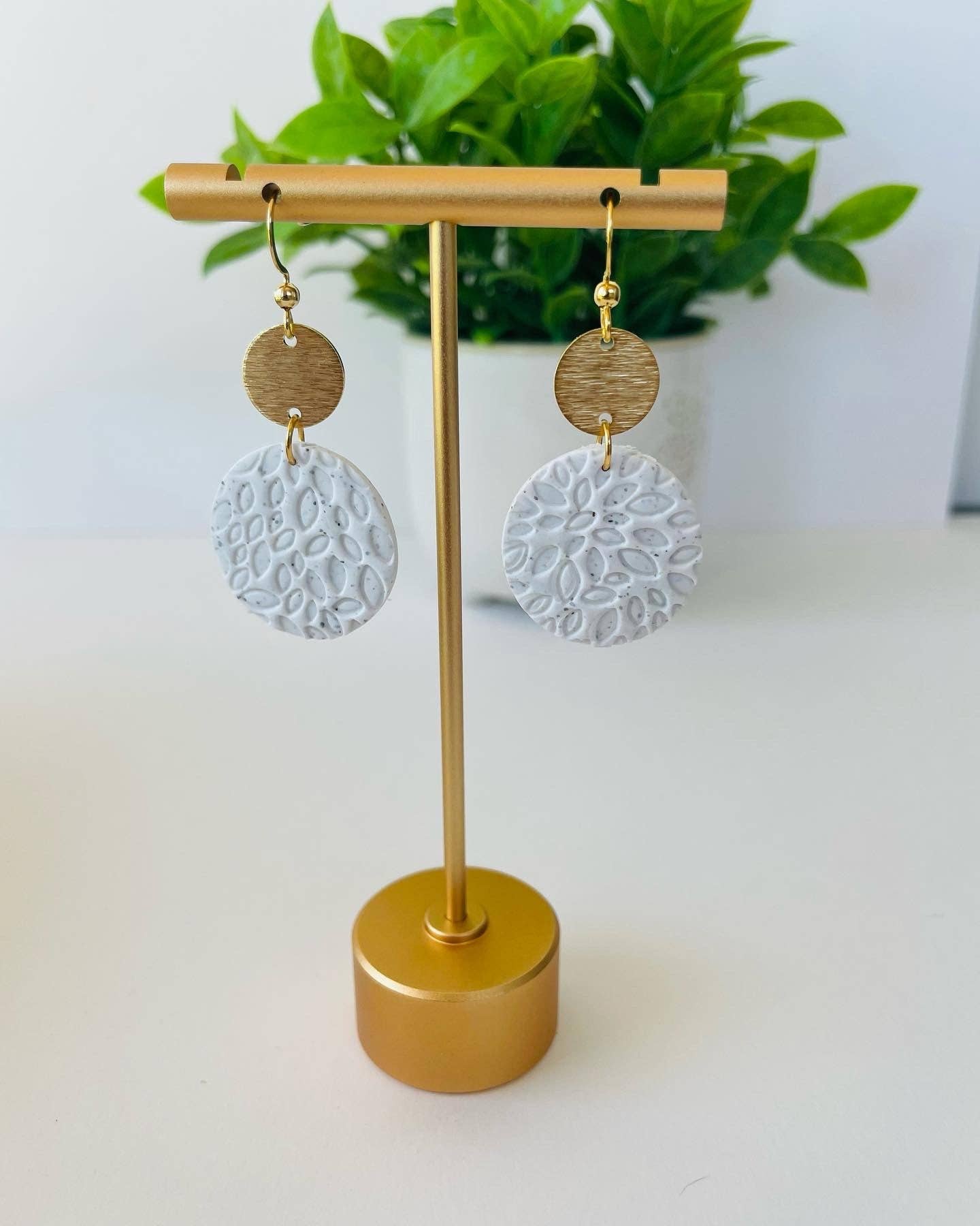 Leaf texture round dangle polymer clay earrings