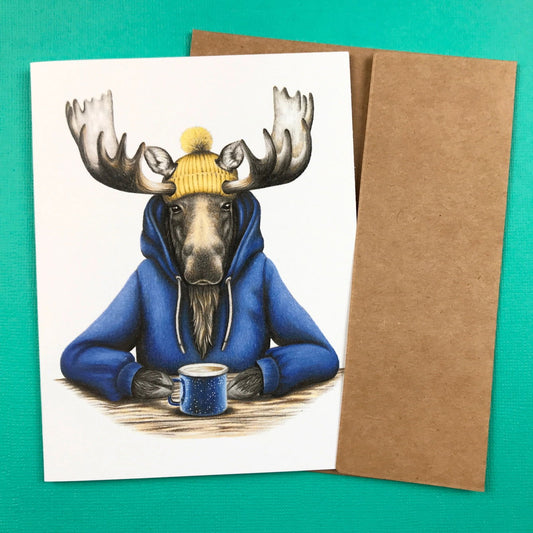 "Hoodie Moose with Coffee" Greeting Card - The Localist