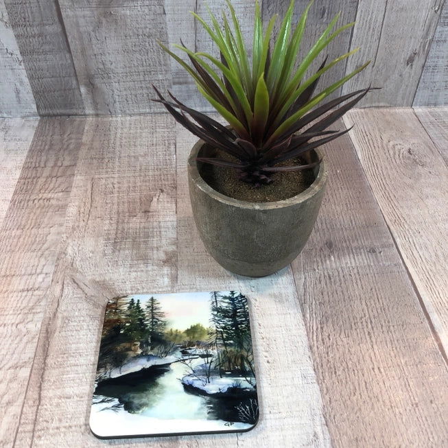 Mountain Stream in Winter Coaster Set Hardboard W/Cork - The Localist