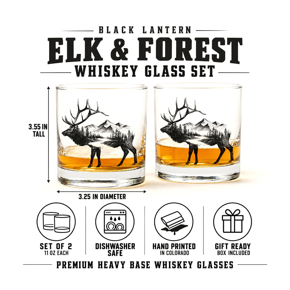 Set of 2 Elk and Mountain Forest Whiskey Glasses