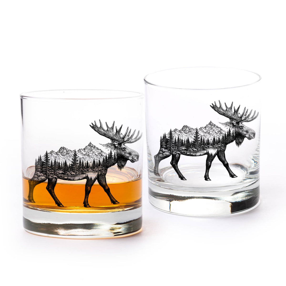 Set of 2 Double Exposure Moose Whiskey Glasses