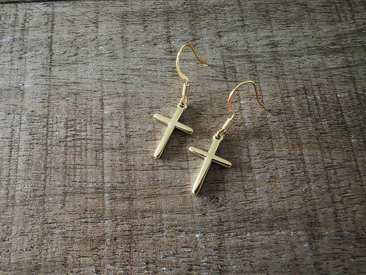 Small Cross Drop Earrings - 14k Gold Plated