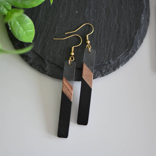 Black  Wood and resin bar earrings, surgical steel hooks - The Localist