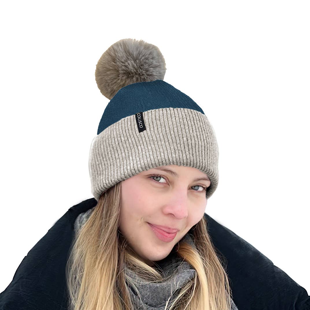 COLISCO Pompom beanies, Winter Beanies for Women (Blue)