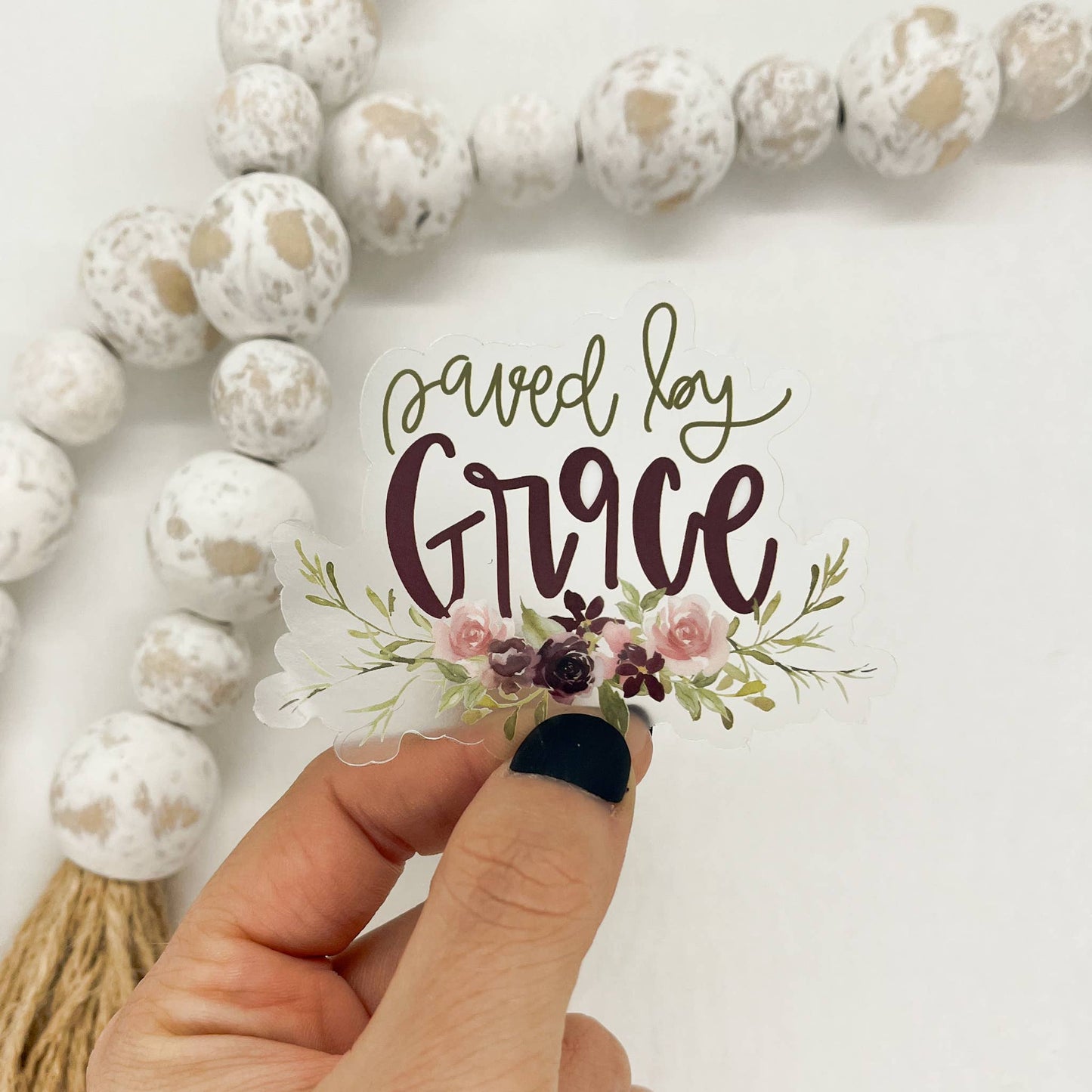 Saved By Grace, Floral  Clear Vinyl , Sticker, 3x3 inch
