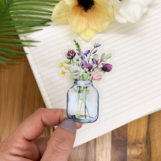 Floral Mason Jar, Clear Vinyl Sticker, 3x3 inch