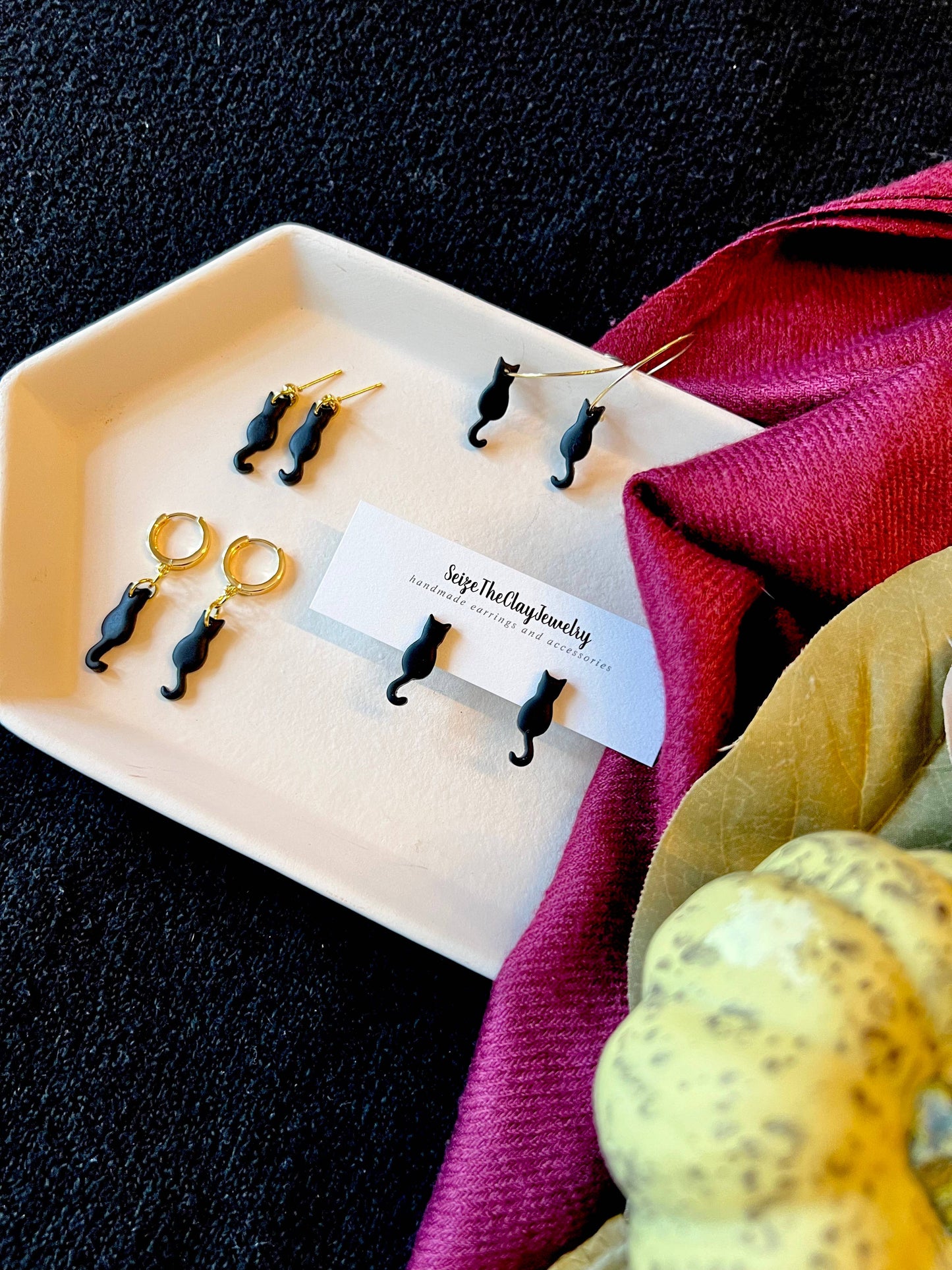 Black Cat Earrings, Black Cat Huggies, Cat Clay Earrings