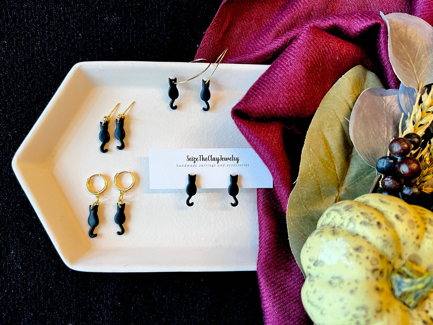Black Cat Earrings, Black Cat Huggies, Cat Clay Earrings