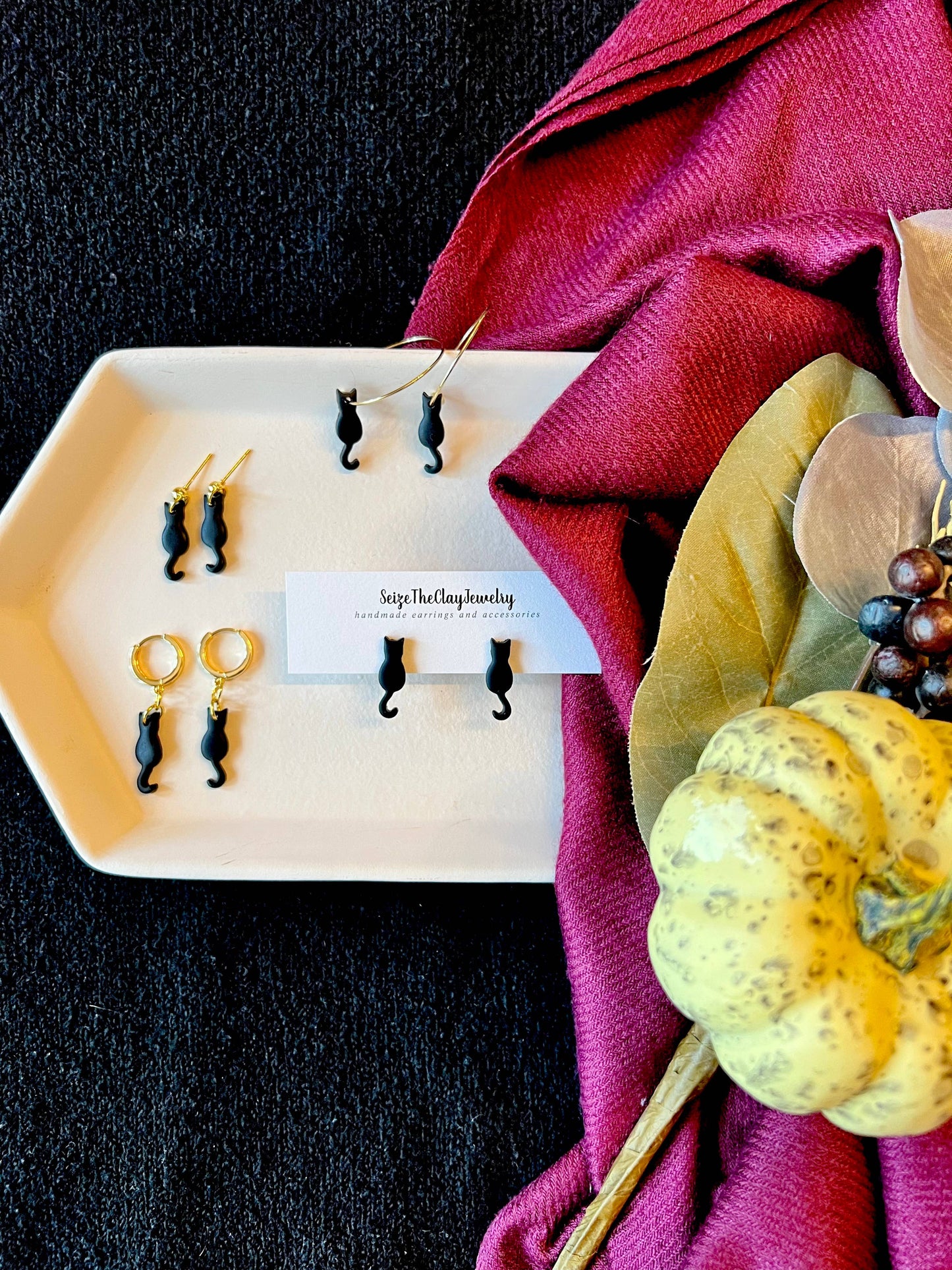 Black Cat Earrings, Black Cat Huggies, Cat Clay Earrings