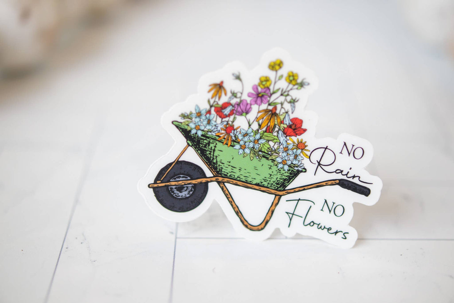 No Rain No Flowers, Wheelbarrow Vinyl Sticker, 3x3 in.