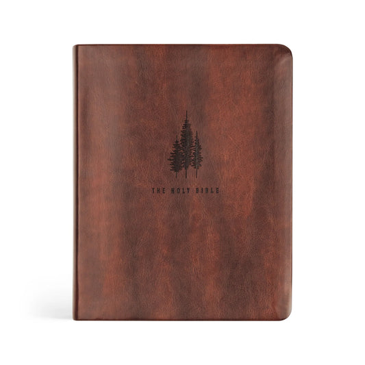 front of Dark brown smooth leather bible with 3 small pine trees and reads "The Holy Bible"