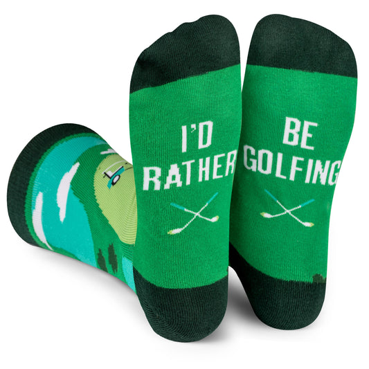 bottom of green socks that read I'd Rather Be Golfing