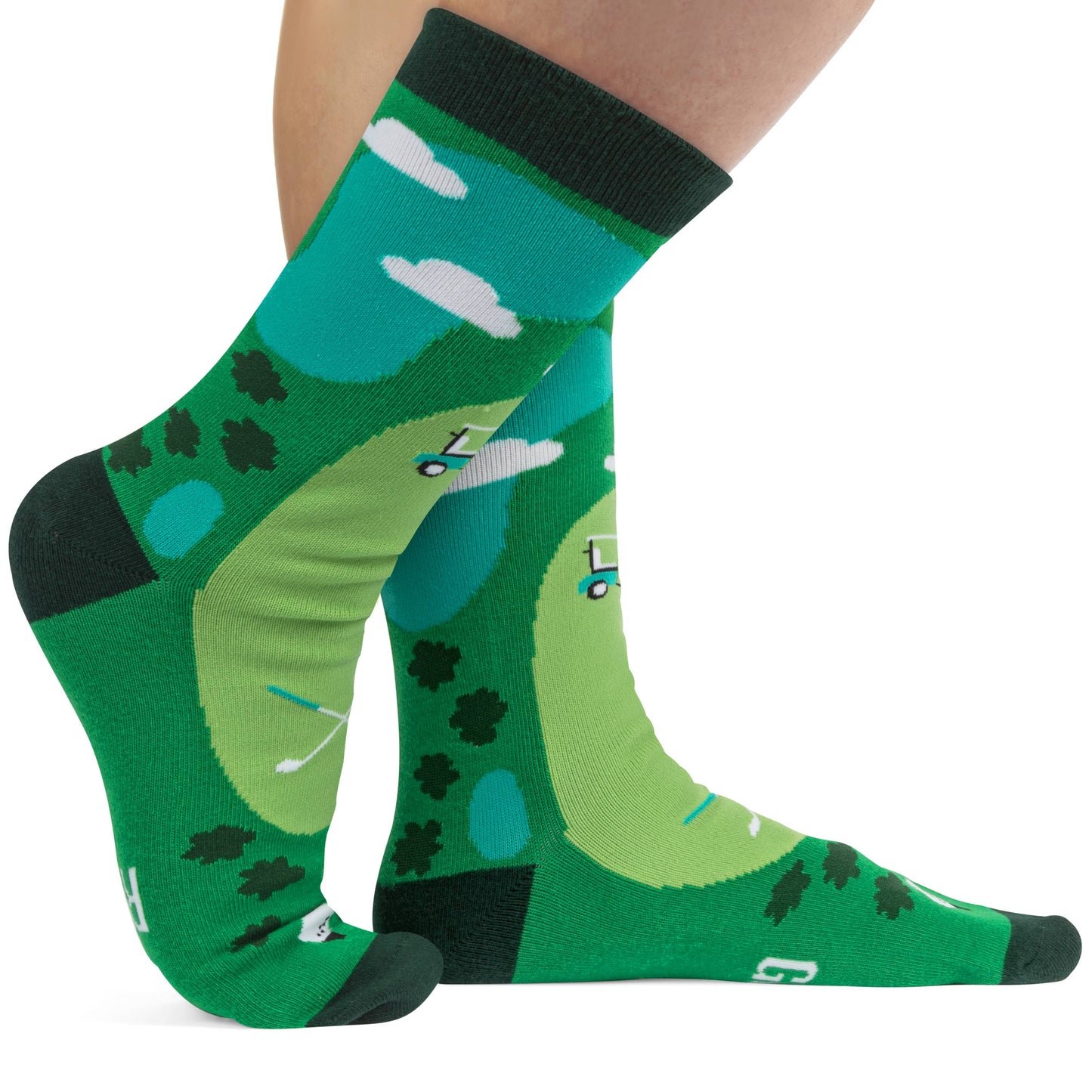 green socks that looks like a golf fairway on a persons feet