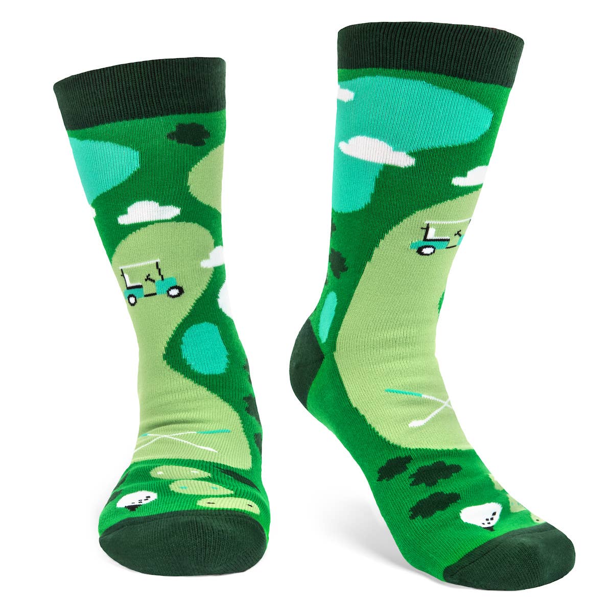 front of green golf socks that looks like a fairway at a golf course