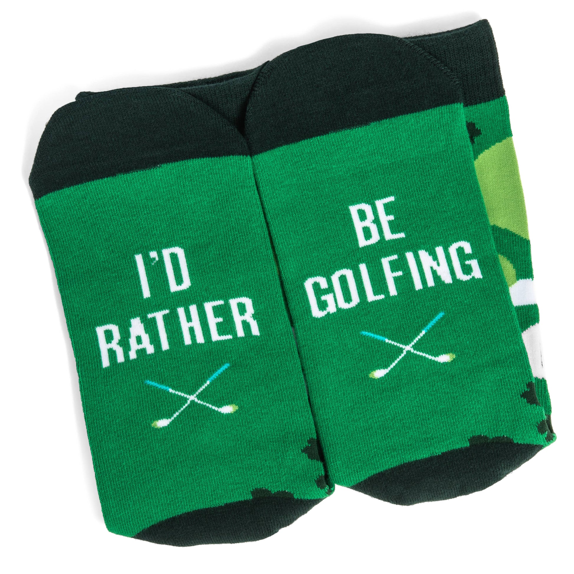 folded flat green socks, bottoms say I'd Rather Be Golfing