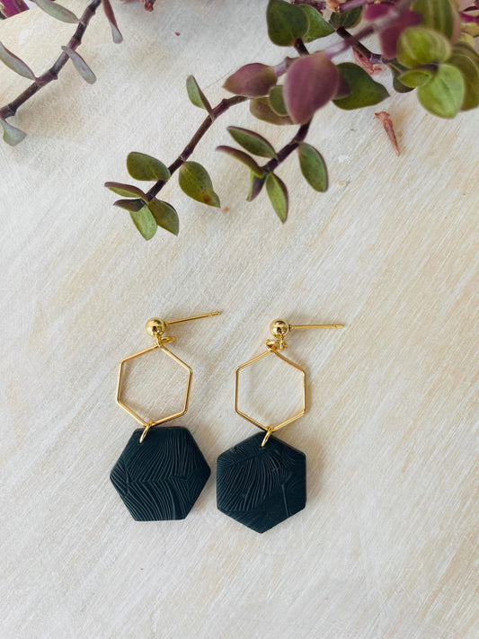 Black hexagon dangle polymer clay earrings - The Localist