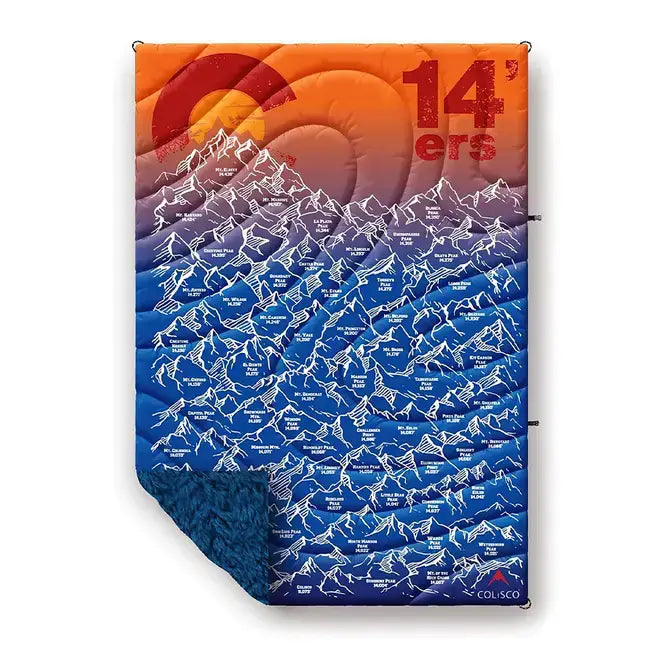 Camping mat with mountain design and '14ers' branding on an orange to blue gradient background
