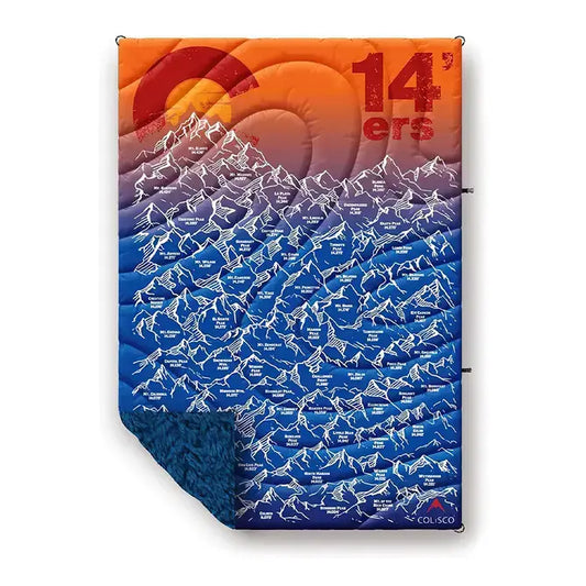 Camping mat with mountain design and '14ers' branding on an orange to blue gradient background