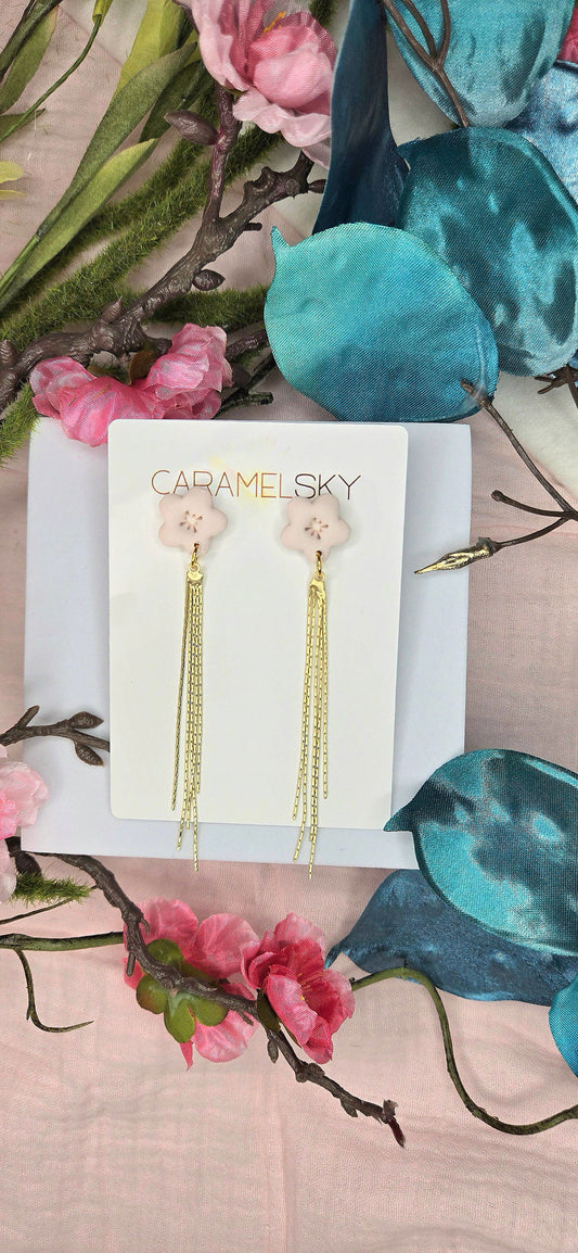 Cherry Blossom Stud with Brass Tassels Earrings - The Localist