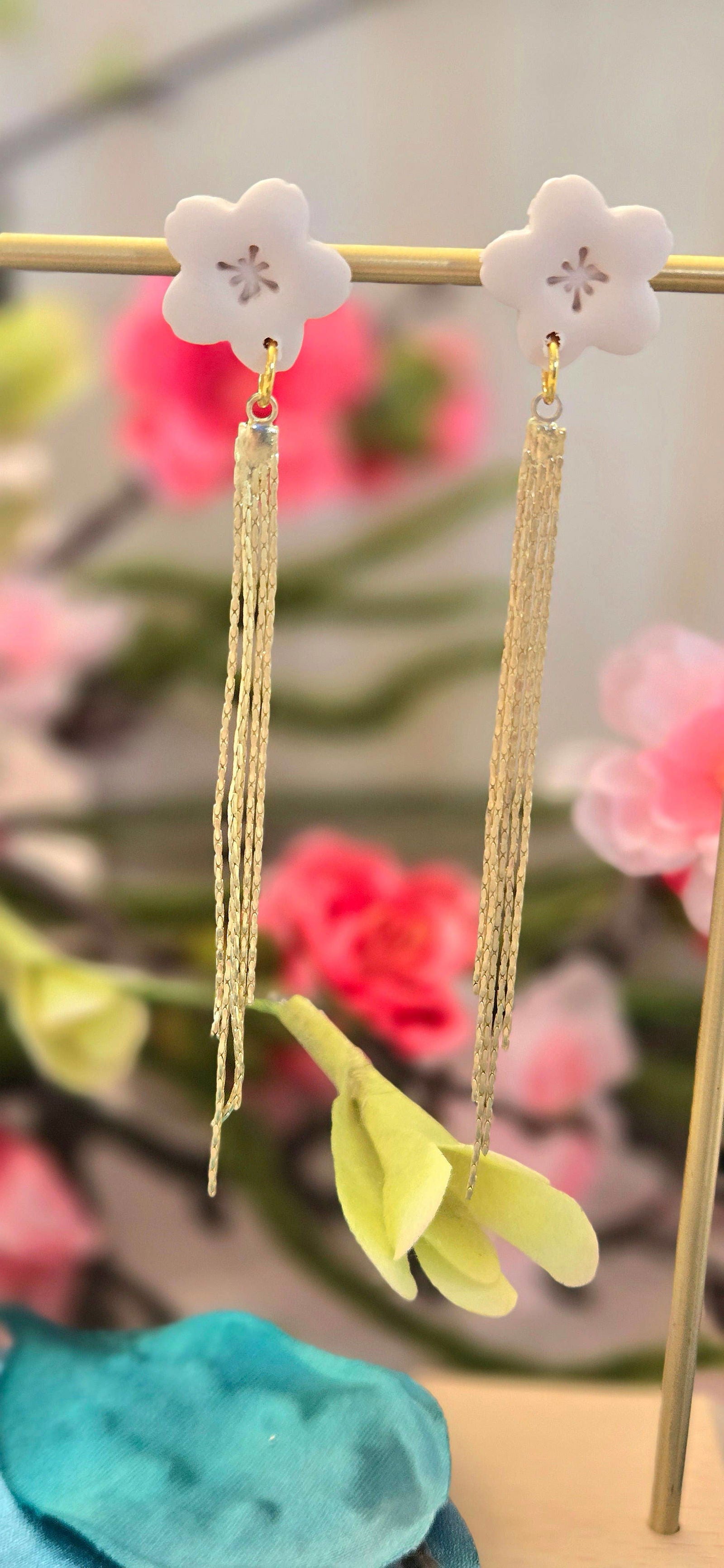 Cherry Blossom Stud with Brass Tassels Earrings - The Localist