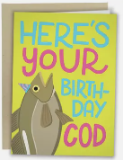 yellow greeting card that has a fish and words that say Here's Your Birthday Cod