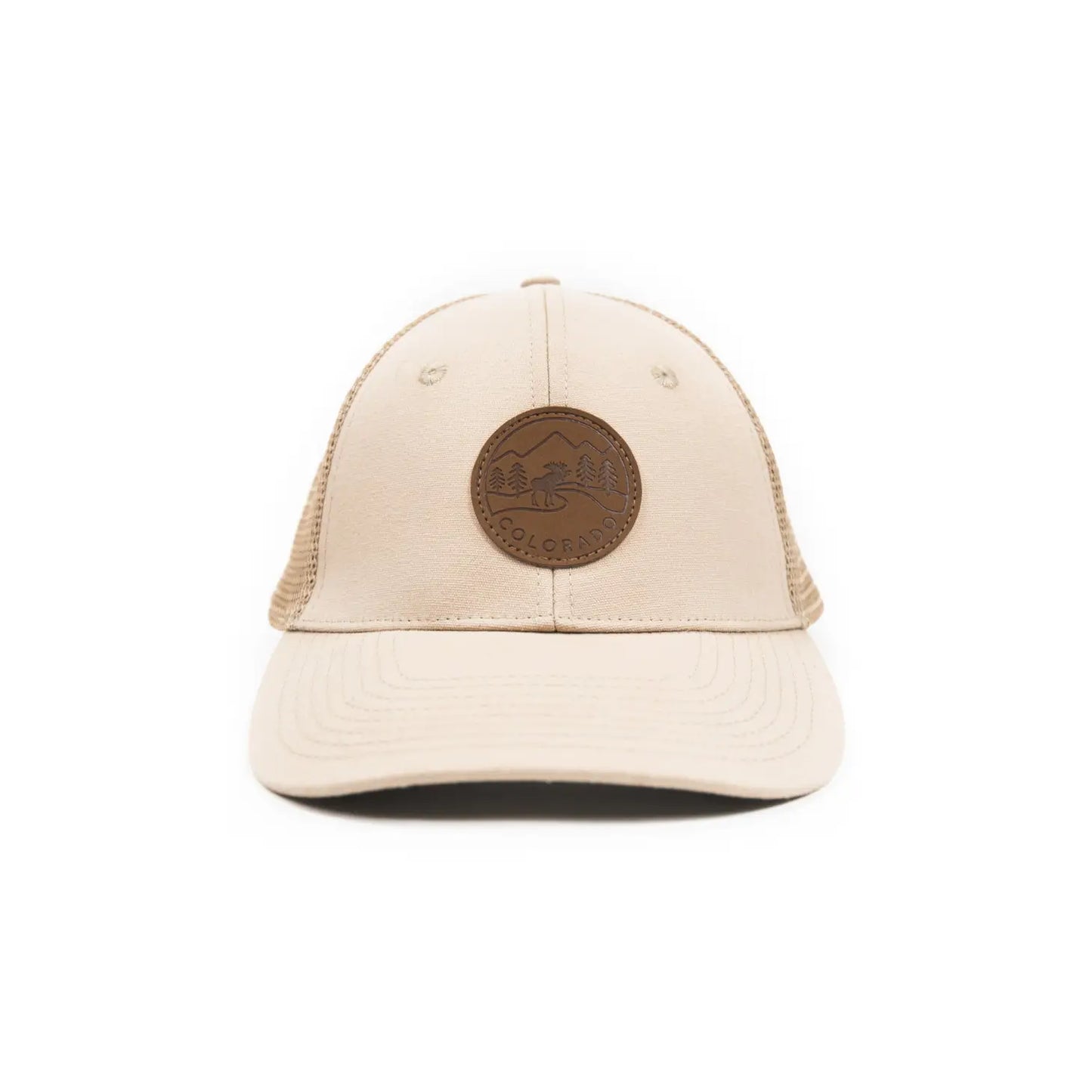 cream colored trucker hat with brown later round patch on front that says colorado and has trees and river on the patch