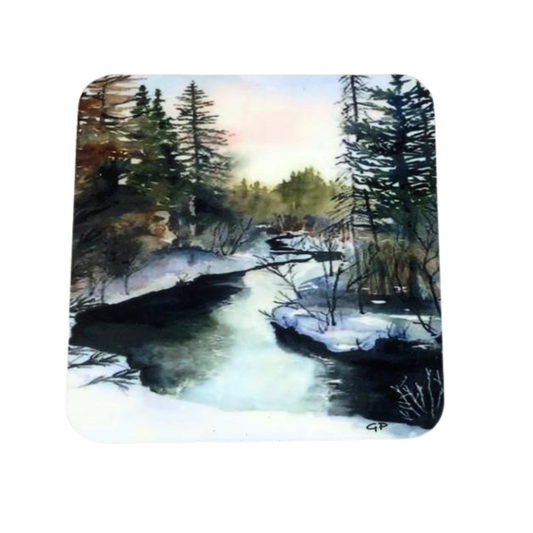 Mountain Stream in Winter Coaster Set Hardboard W/Cork - The Localist