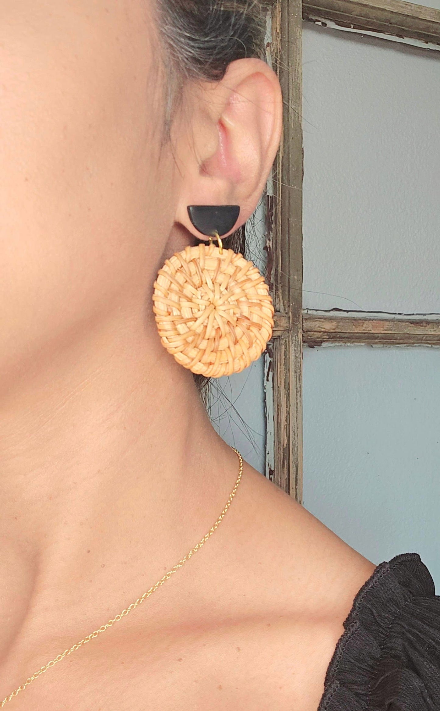 Round Woven Rattan and Clay Earrings, Boho Earrings - The Localist