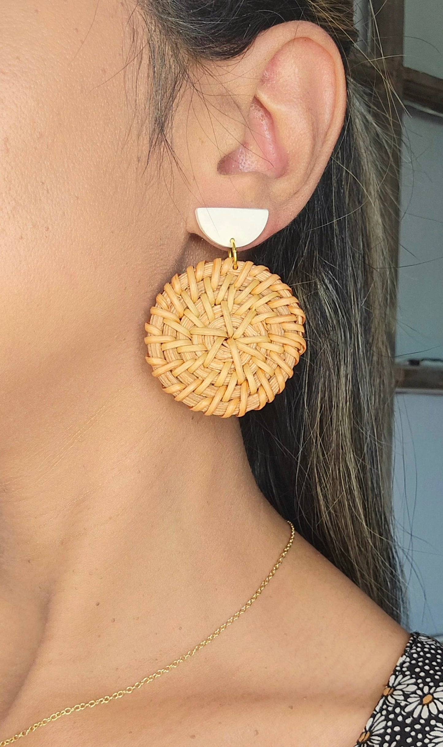 Round Woven Rattan and Clay Earrings, Boho Earrings - The Localist
