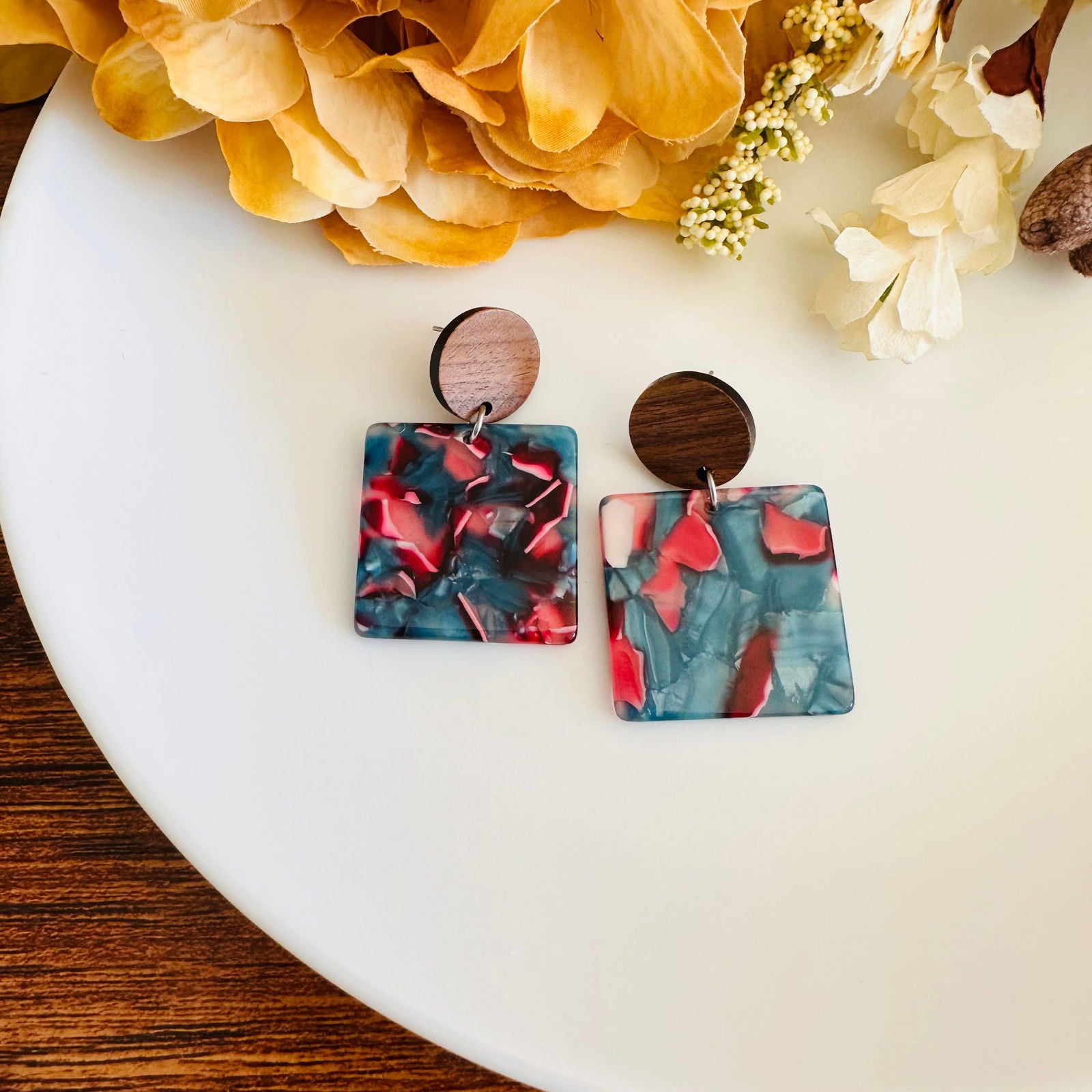 Square Colorful Acetate resin earring, wood post - The Localist