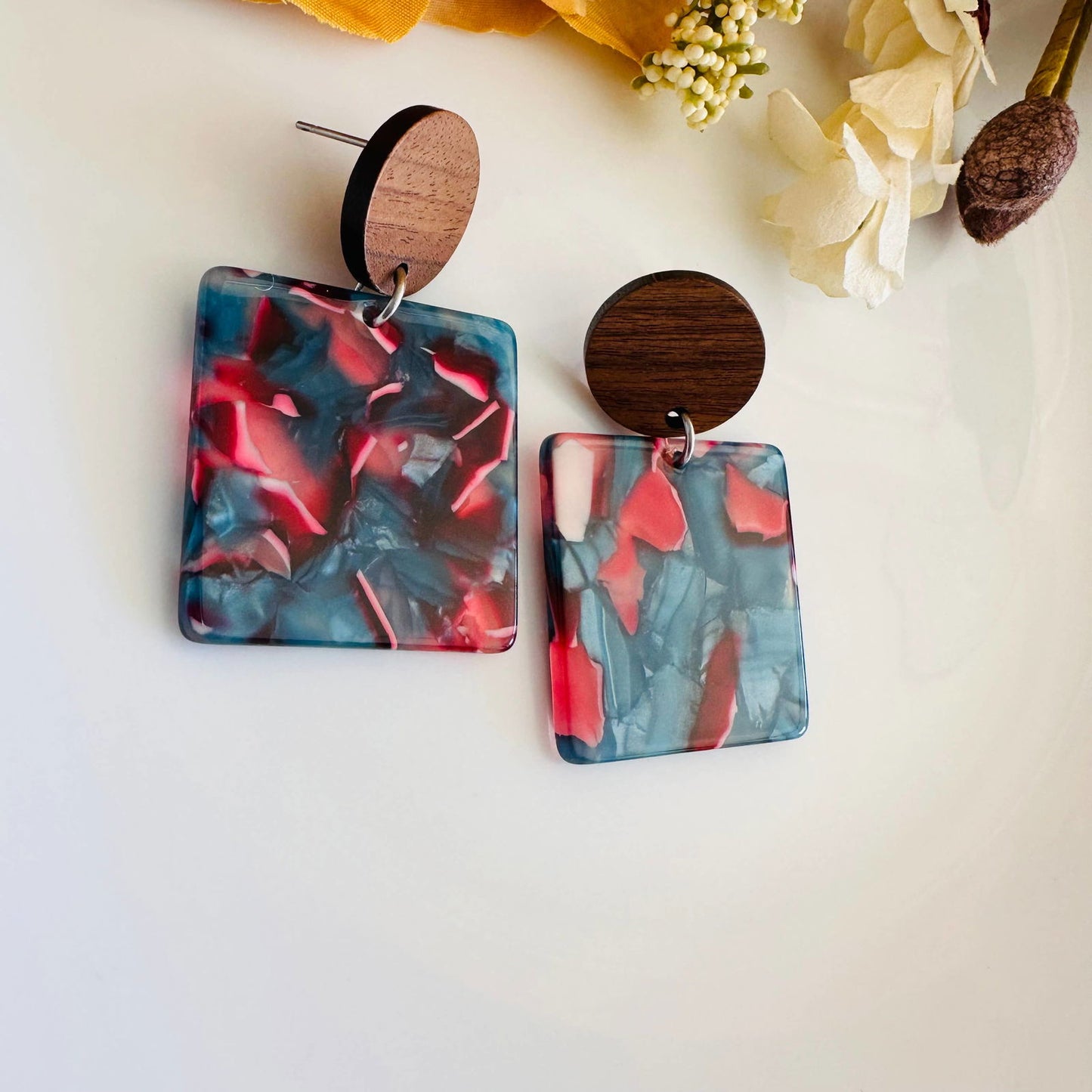 Square Colorful Acetate resin earring, wood post - The Localist