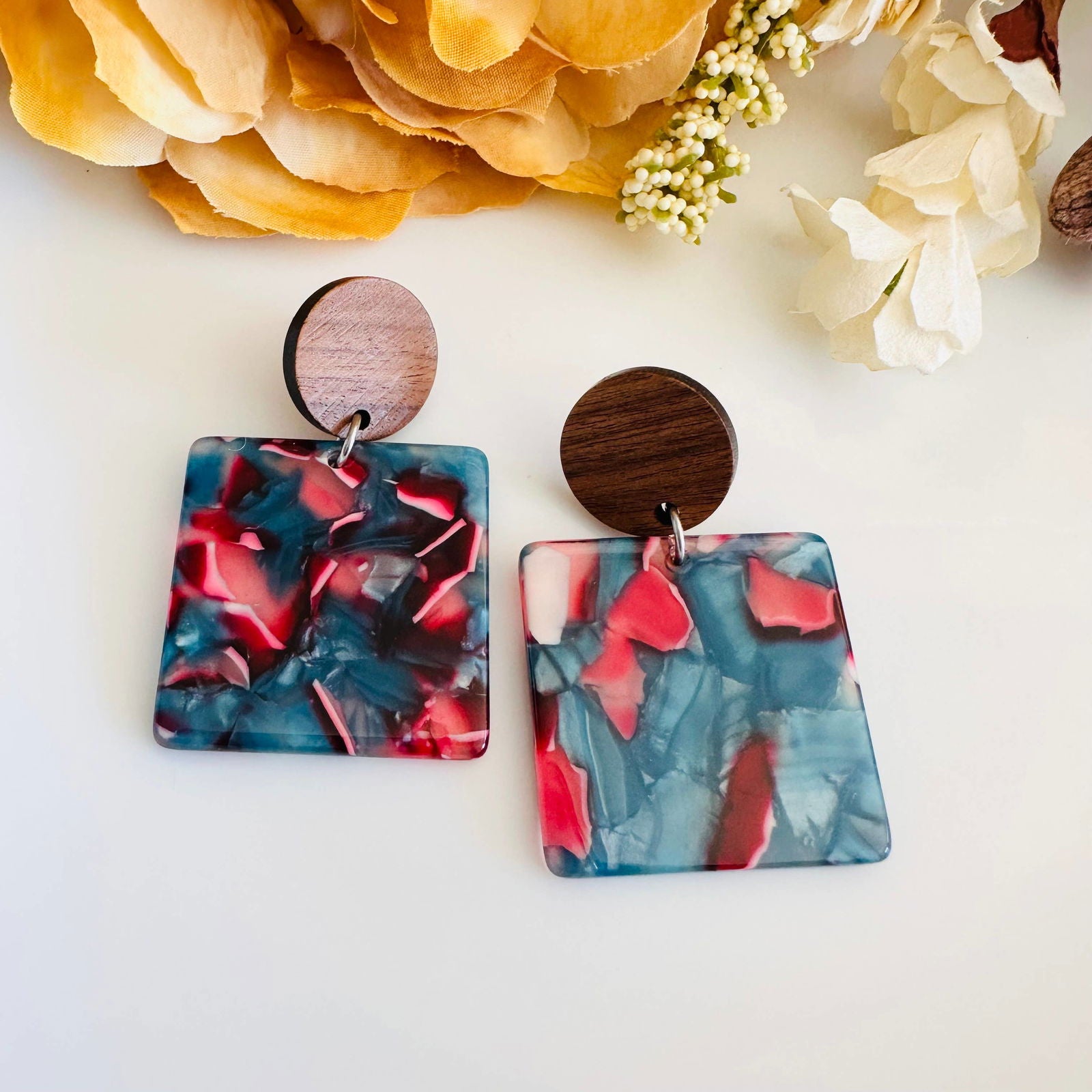 Square Colorful Acetate resin earring, wood post - The Localist