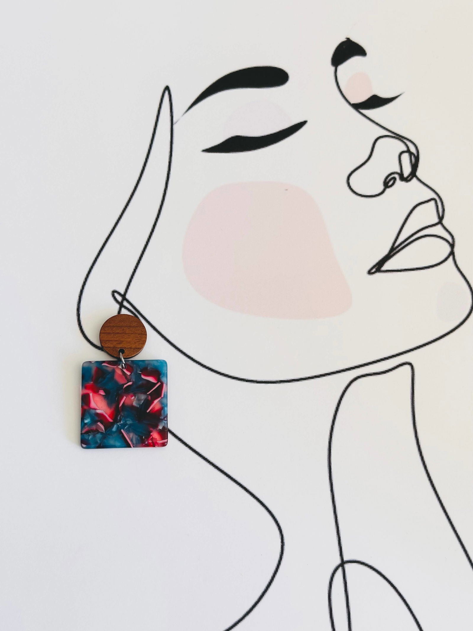 Square Colorful Acetate resin earring, wood post - The Localist