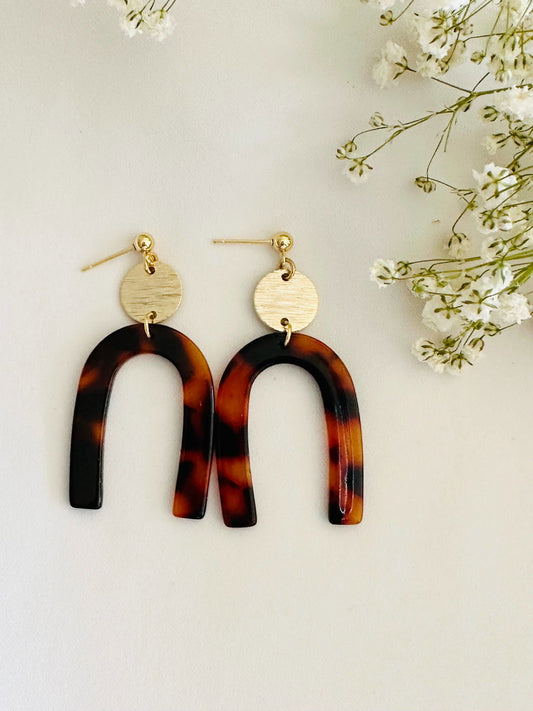 Tortoise color Acetate resin arch earrings, gold plated - The Localist