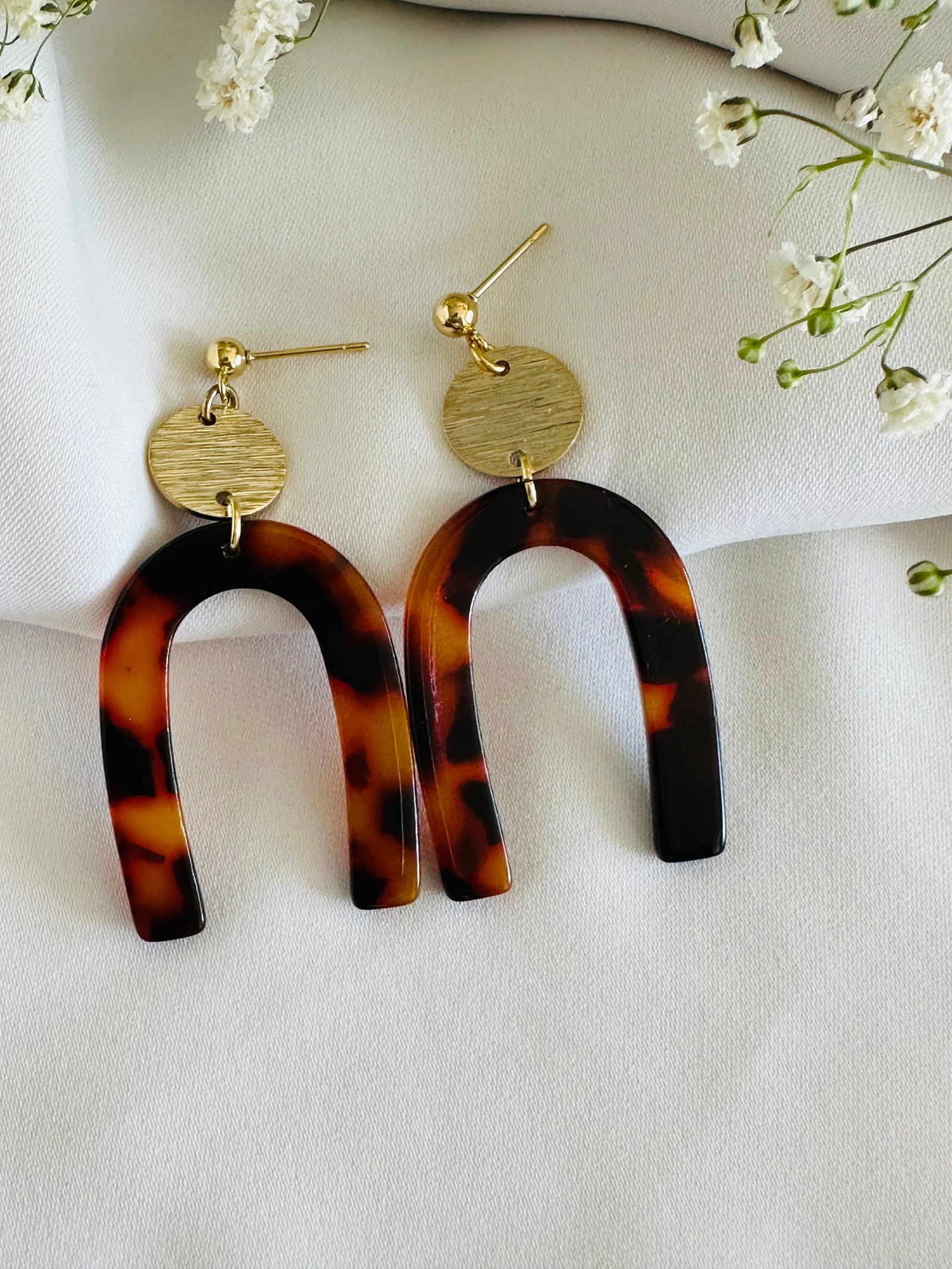 Tortoise color Acetate resin arch earrings, gold plated - The Localist