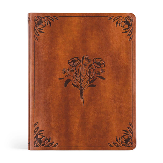 front of orange-brown leather bible with etched flowers in the corners and wild flower design in the middle