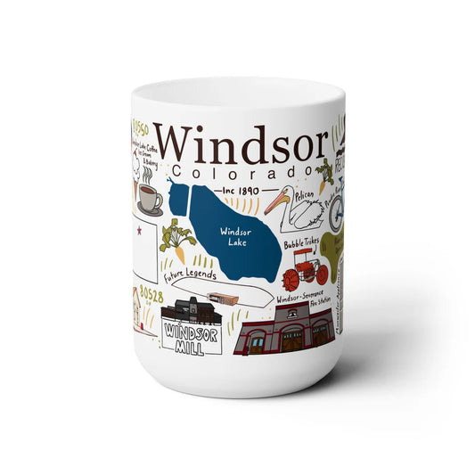 white ceramic mug that reads WINDSOR COLORADO Inc 1890 with images of things you see in Windsor like the Lake, Pelicans, Bubble trikes, mill, and more
