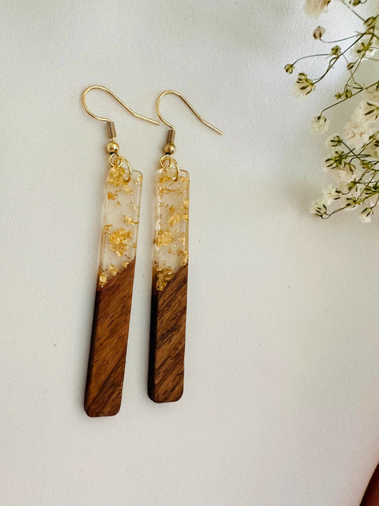 Wood and resin bar earrings, gold plated hooks, gold flakes - The Localist