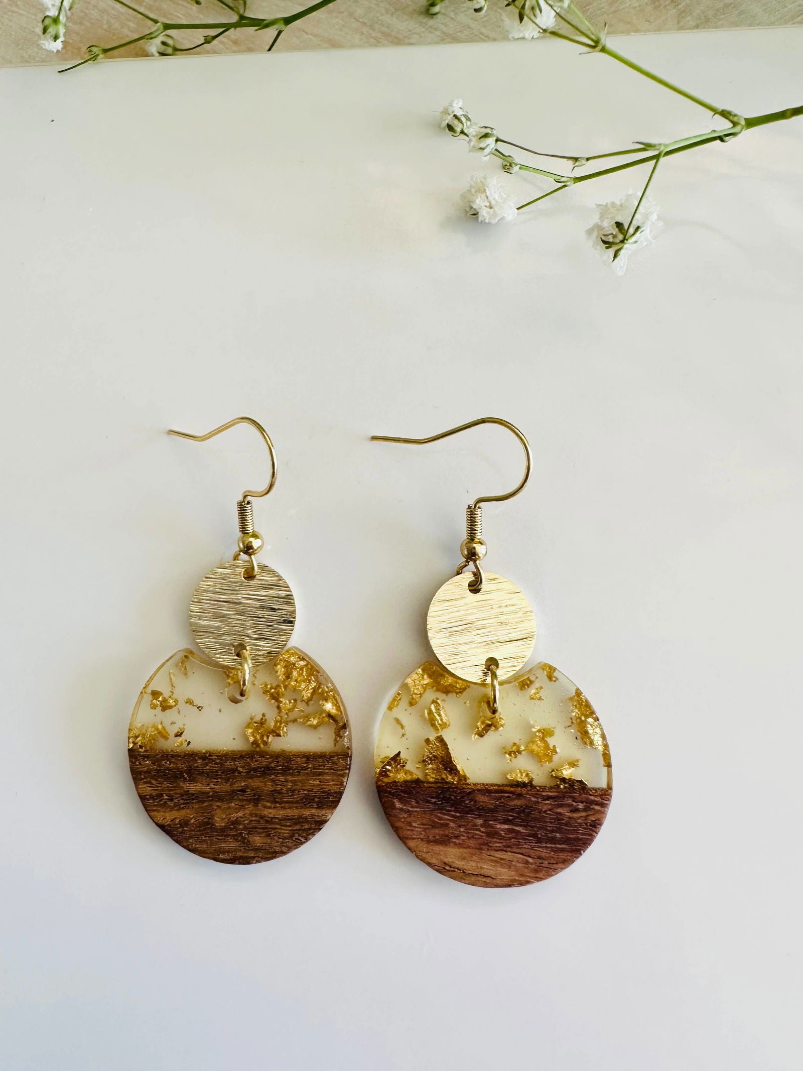 Wood and resin earrings, gold flakes, gold plated hooks - The Localist