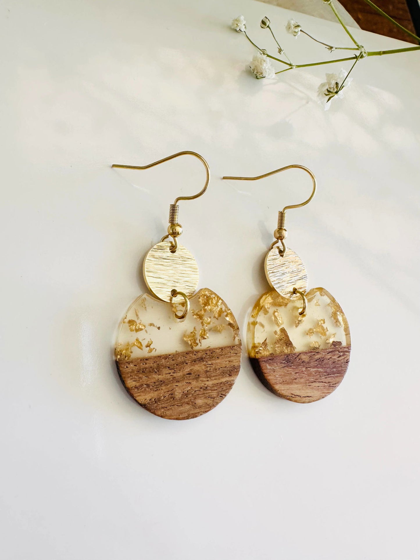 Wood and resin earrings, gold flakes, gold plated hooks - The Localist