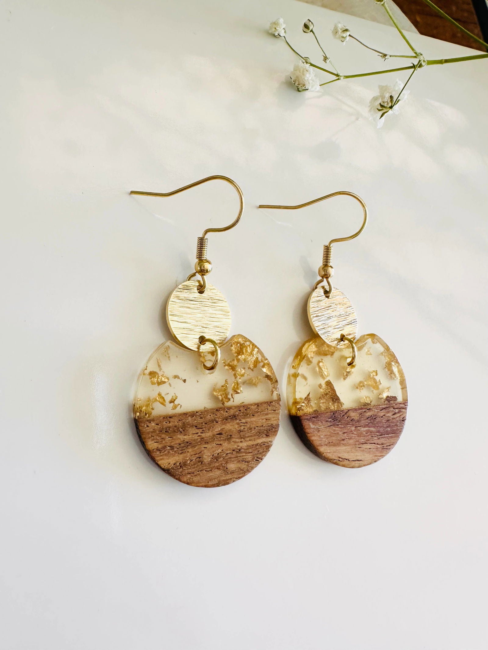 Wood and resin earrings, gold flakes, gold plated hooks - The Localist
