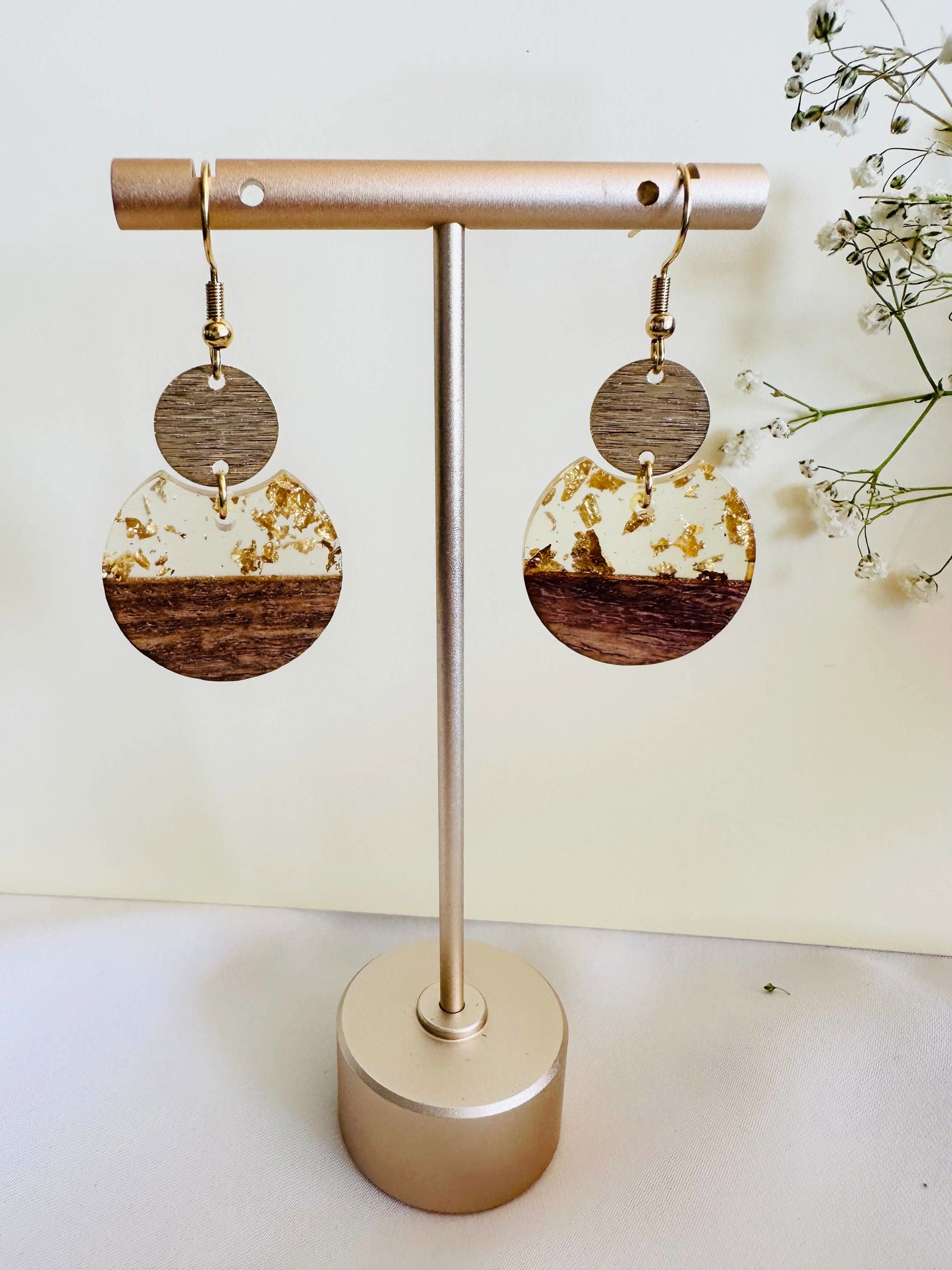 Wood and resin earrings, gold flakes, gold plated hooks - The Localist