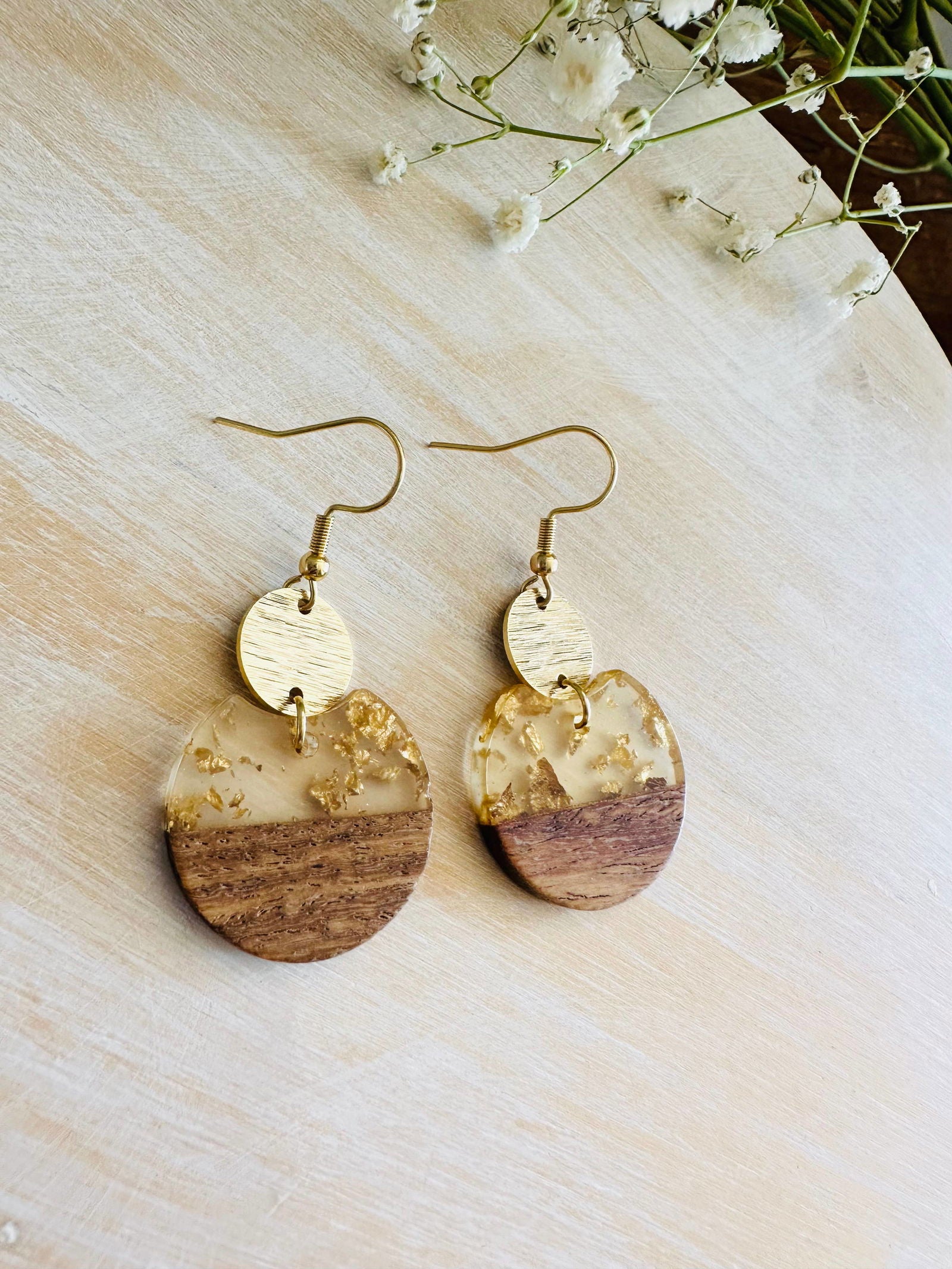 Wood and resin earrings, gold flakes, gold plated hooks - The Localist