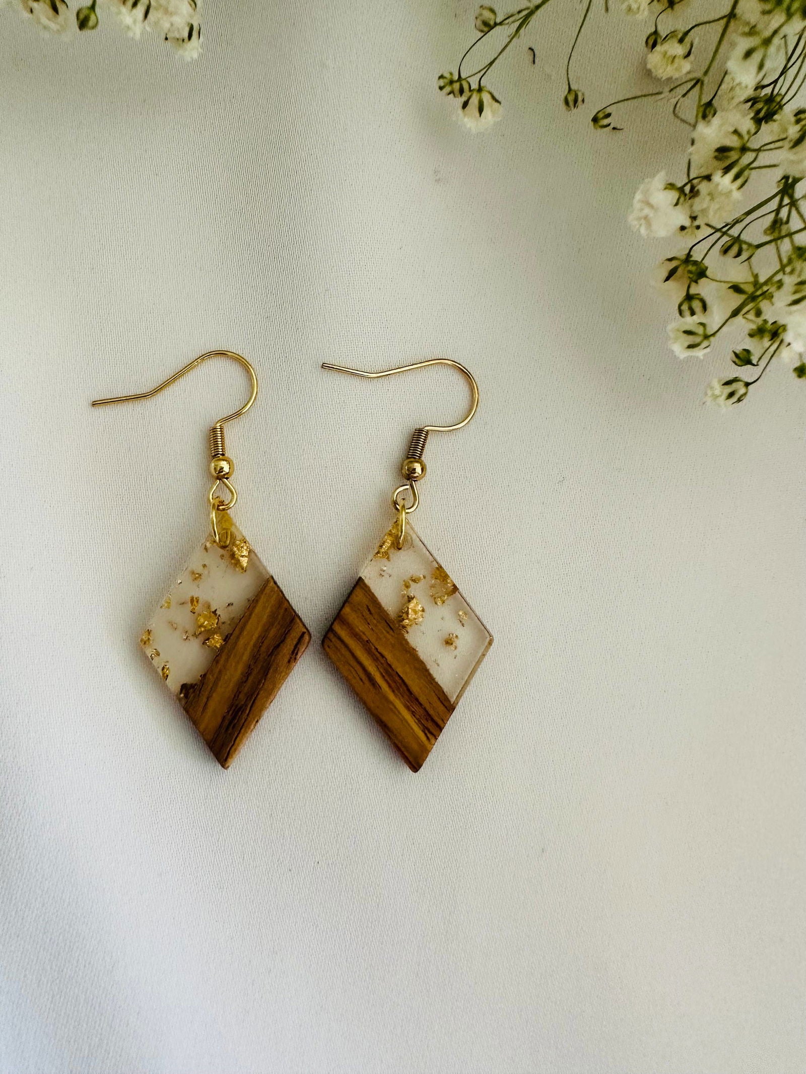 Wood and resin earrings, gold plated hooks, gold flakes - The Localist