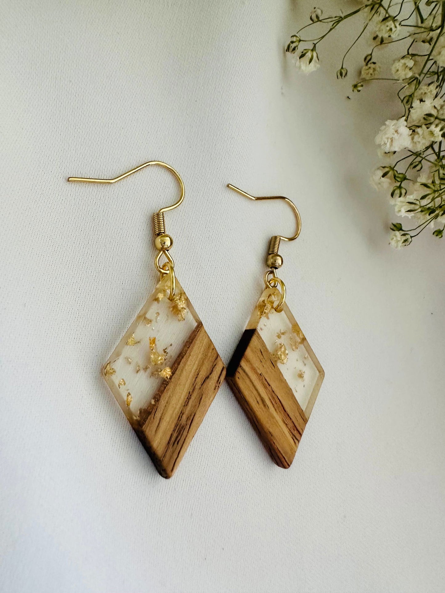 Wood and resin earrings, gold plated hooks, gold flakes - The Localist
