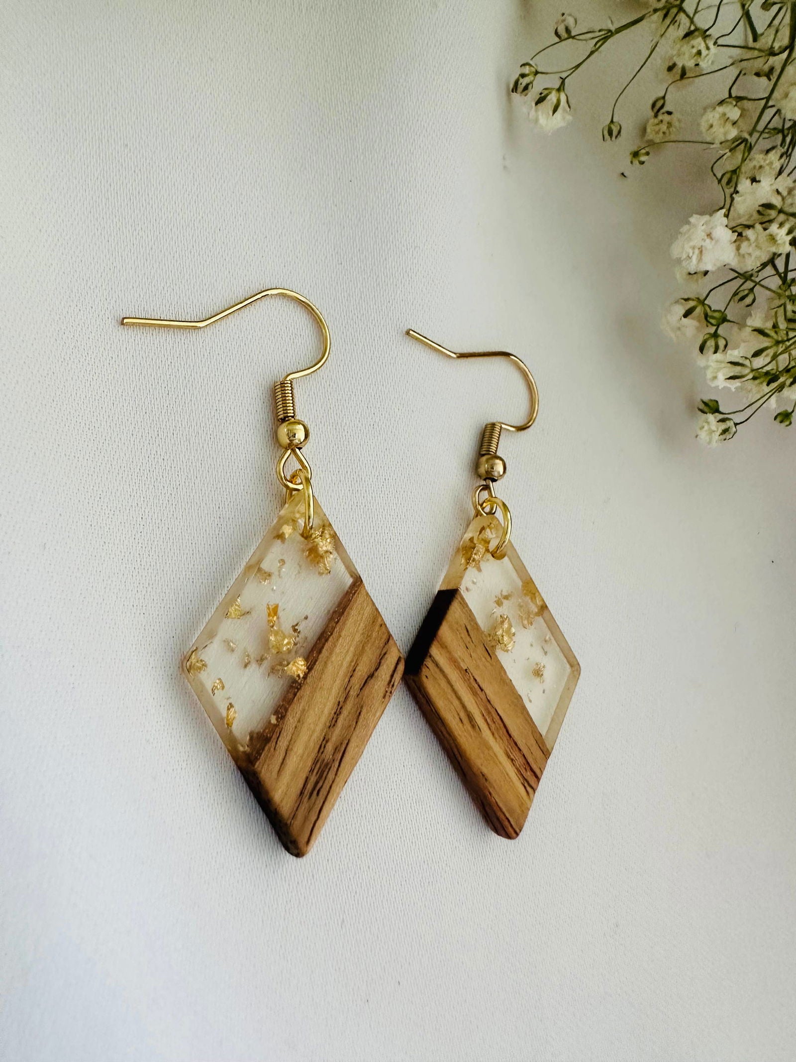 Wood and resin earrings, gold plated hooks, gold flakes - The Localist