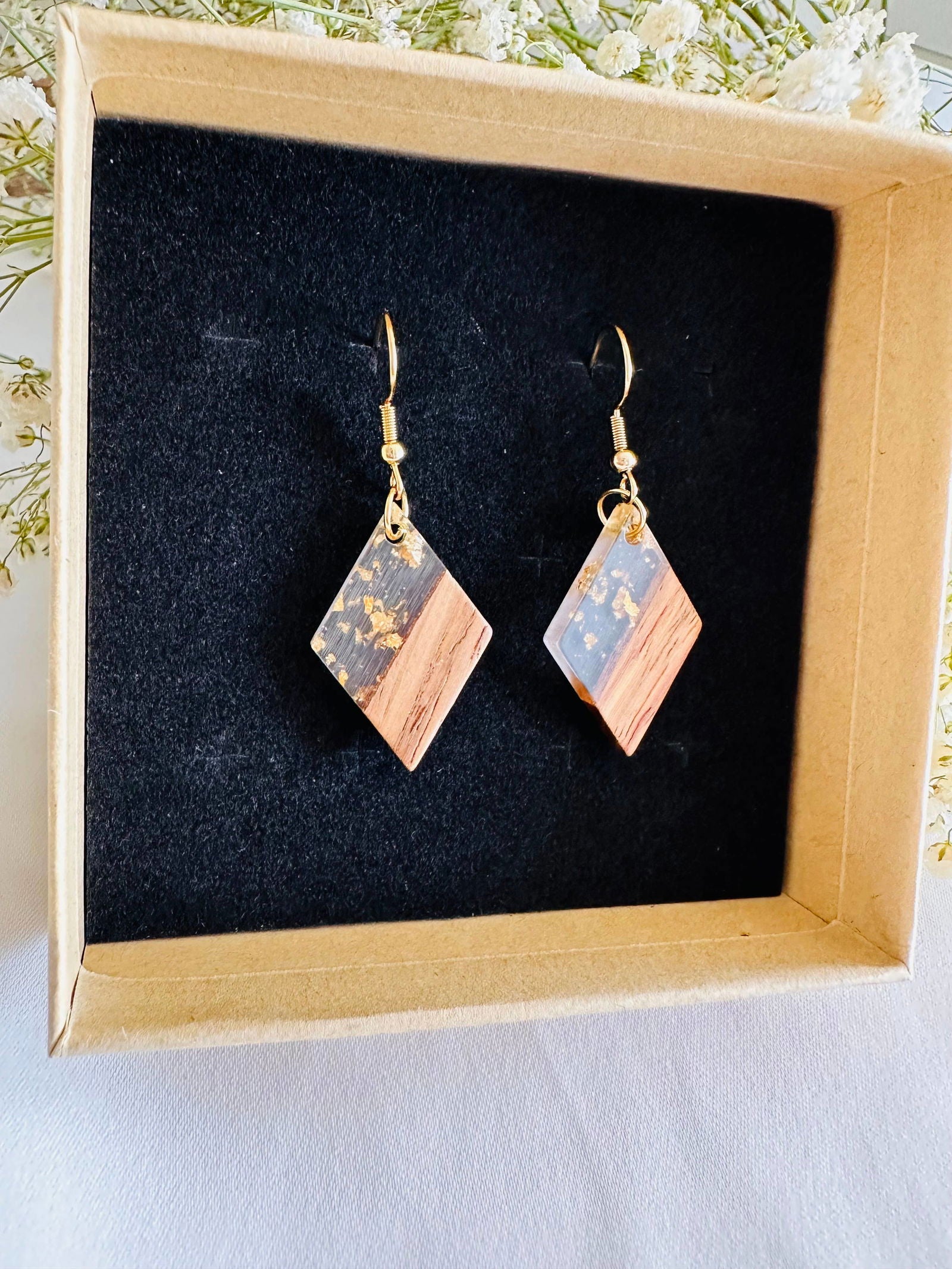 Wood and resin earrings, gold plated hooks, gold flakes - The Localist